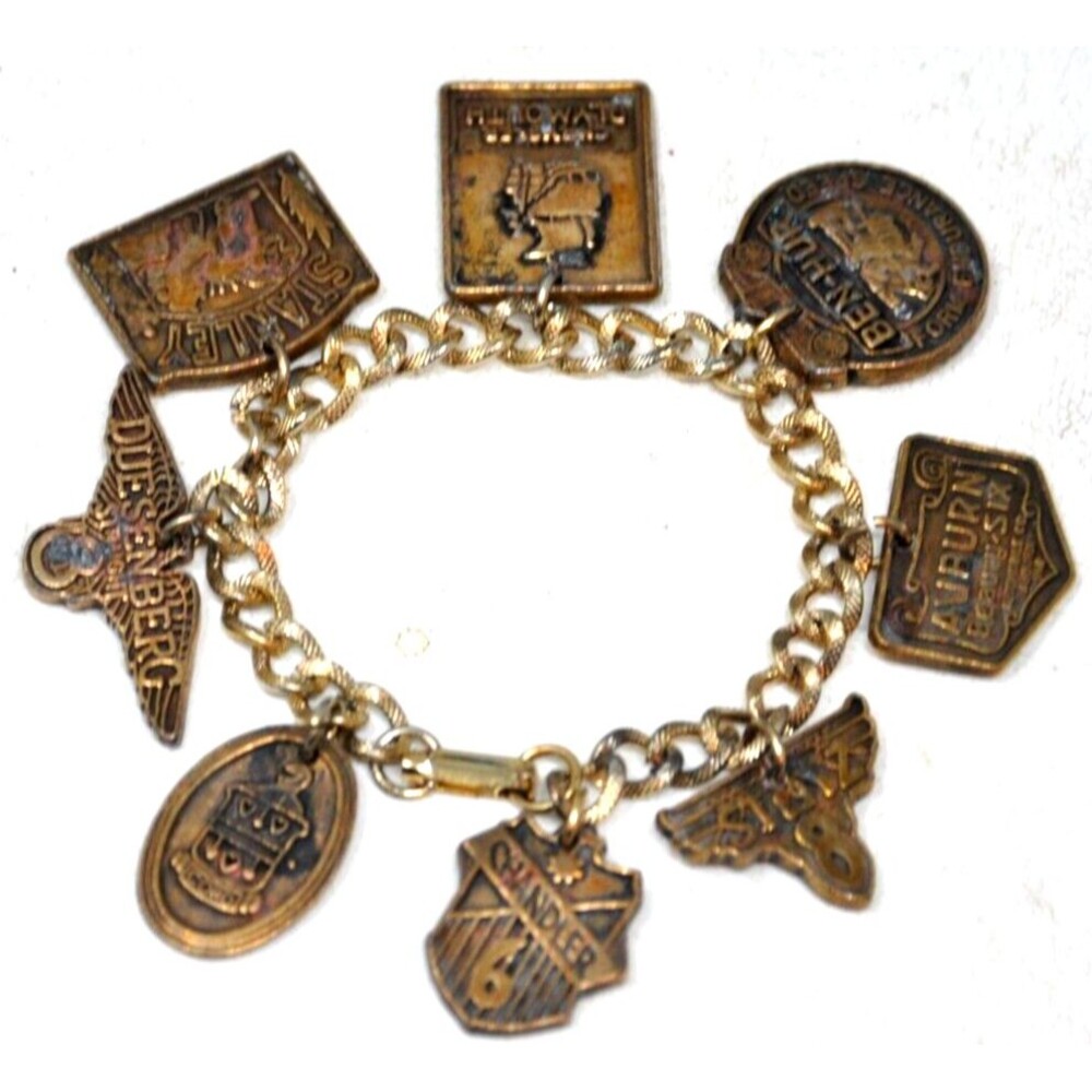 Vtg Automobile Cars Brass? Charm Bracelet Duesenberg Dodge Stanley Stolz Ben-Hur